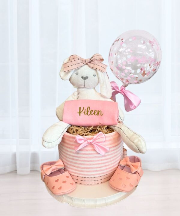 White Bunny Baby Girl Diaper Cake